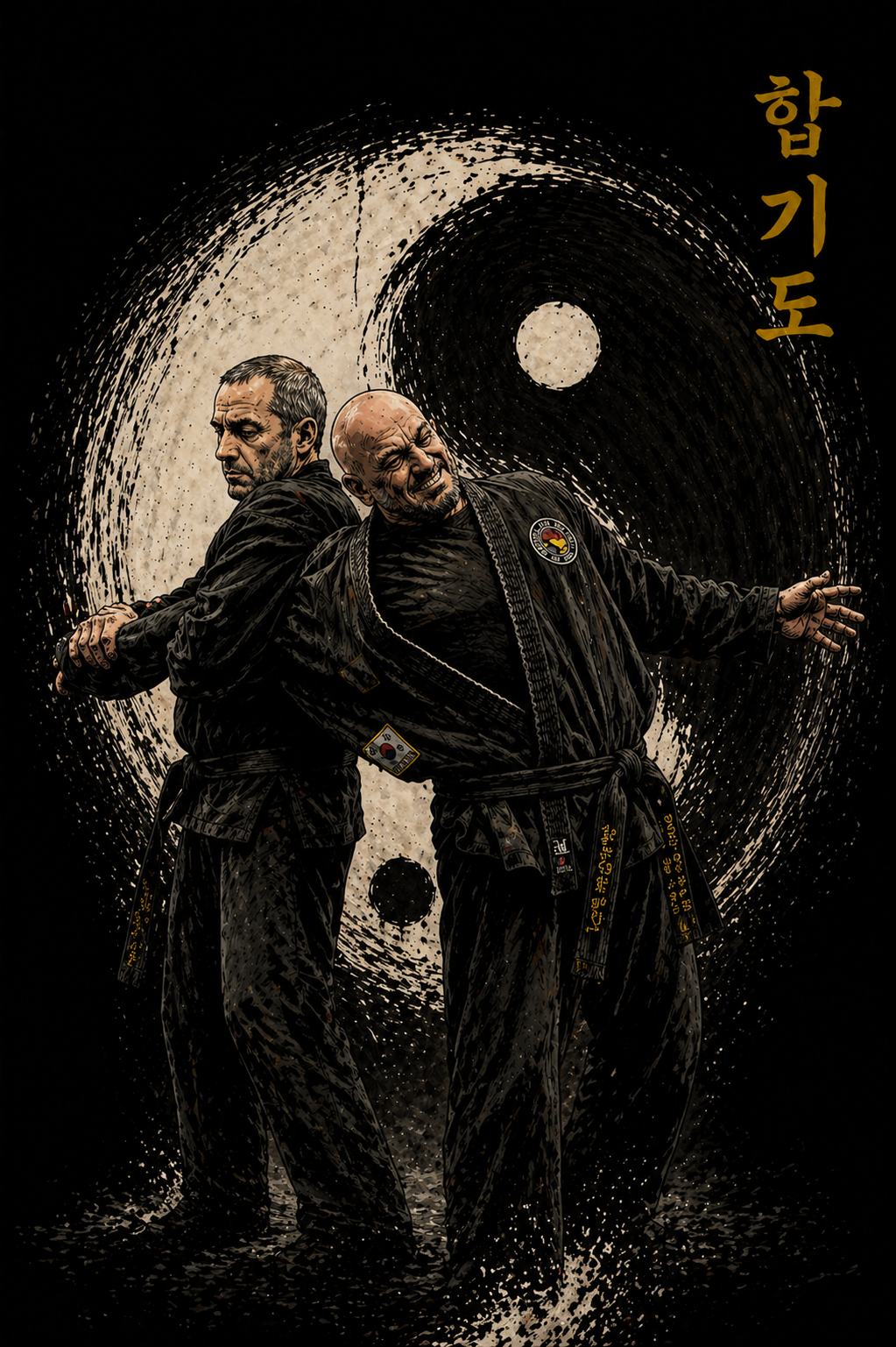 Instructor de Hapkido practicando técnica frente a símbolo yin-yang